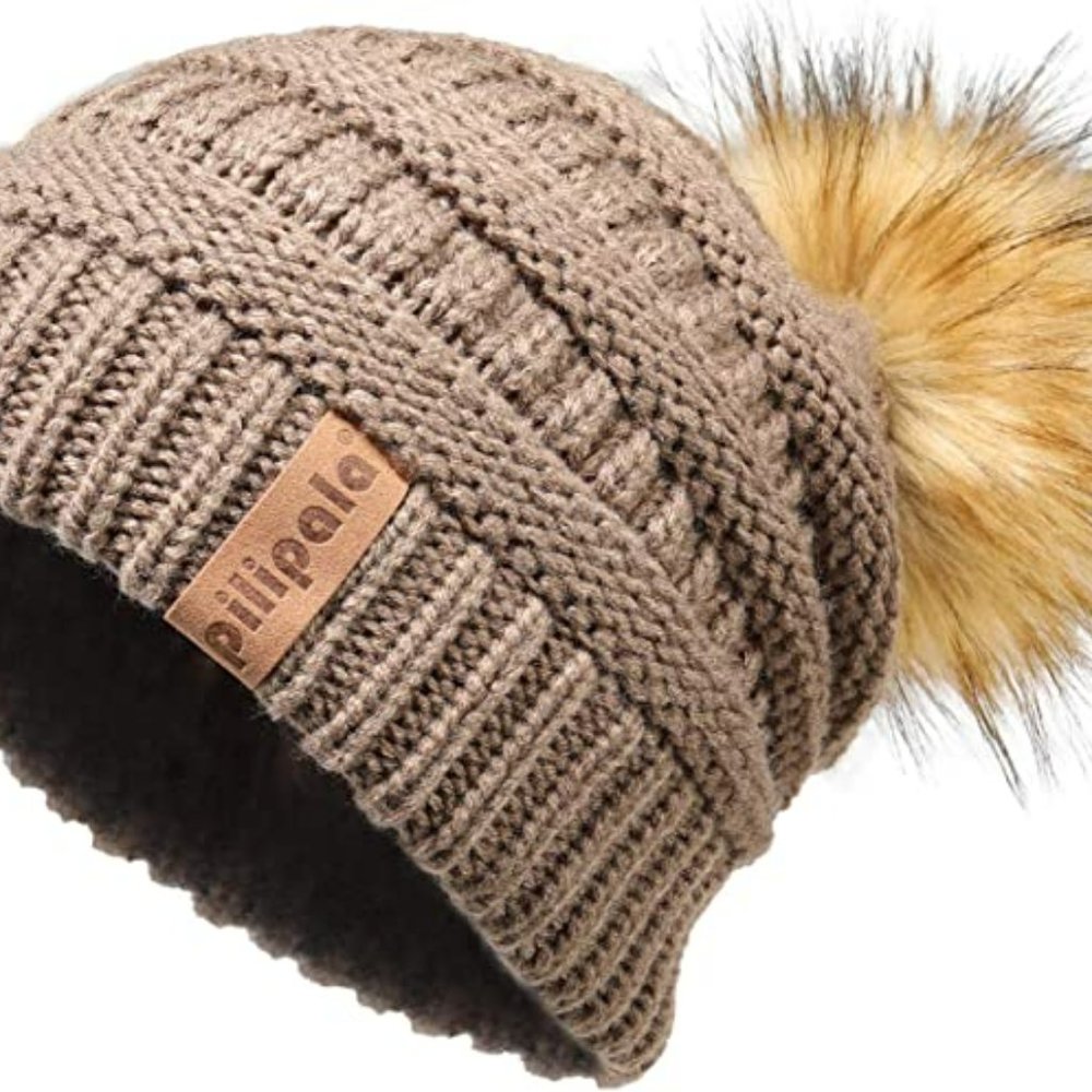 Pilipala Womens Knit Slouchy Beanie Hat with Fur Pom Bobble Hat NWT